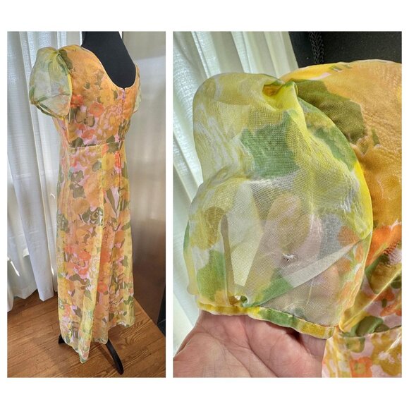 Vintage 1970s maxi dress, orange green pink floral, sheer short puff sleeves - Picture 5 of 10